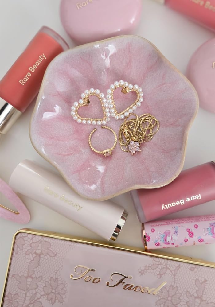 JAMEND CLXP Lotus Leaf Shape Decorative Ring Tray, Small Key Bowl, Ceramic Trinket Tray Jewelry Dish Organizing Necklace Earrings, Home Decoration for Mom Best Friend Sister, Pink.