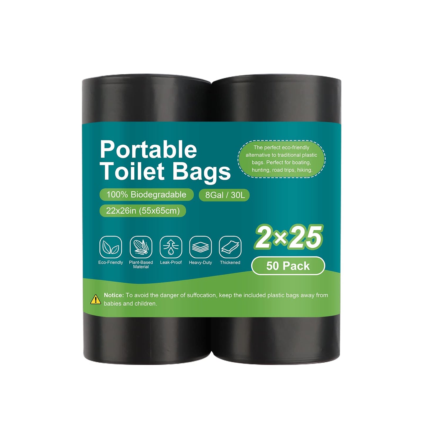 Portable Toilet Bags - LITFP 50 Count Biodegradable Waste, 8 Gallon Porta Potty, Thickened Compostable Camping Toilet Bags for Portable Potty Bucket Camping Adults Car Travel