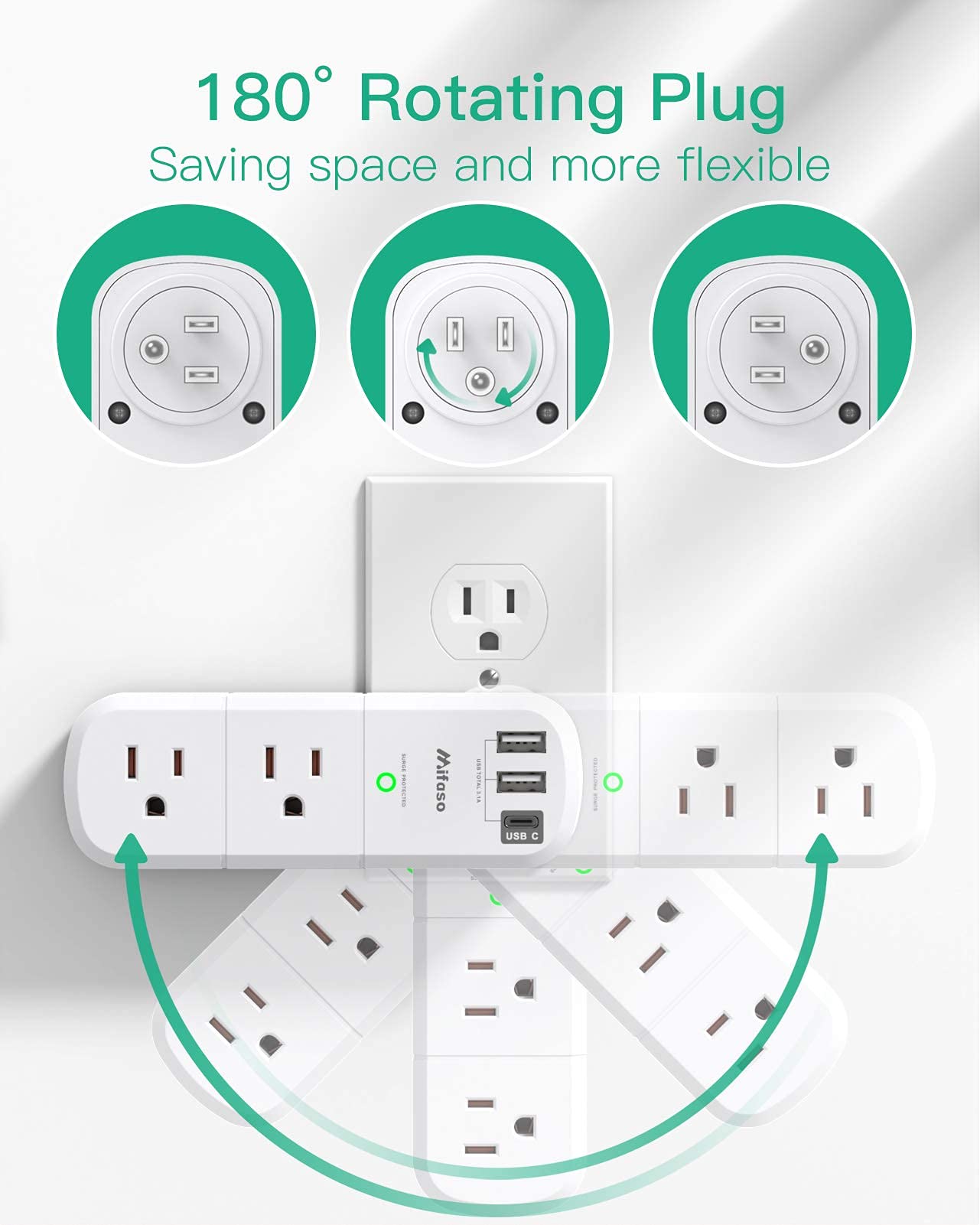 Outlet Extender with Rotating Plug, Mifaso Surge Protector 6 AC Multi Plug Wall Outlets and 3 USB Ports, 1800 Joules, 3-Sided Swivel Power Strip Spaced Splitter for Home, Travel, Dorm Room Essentials