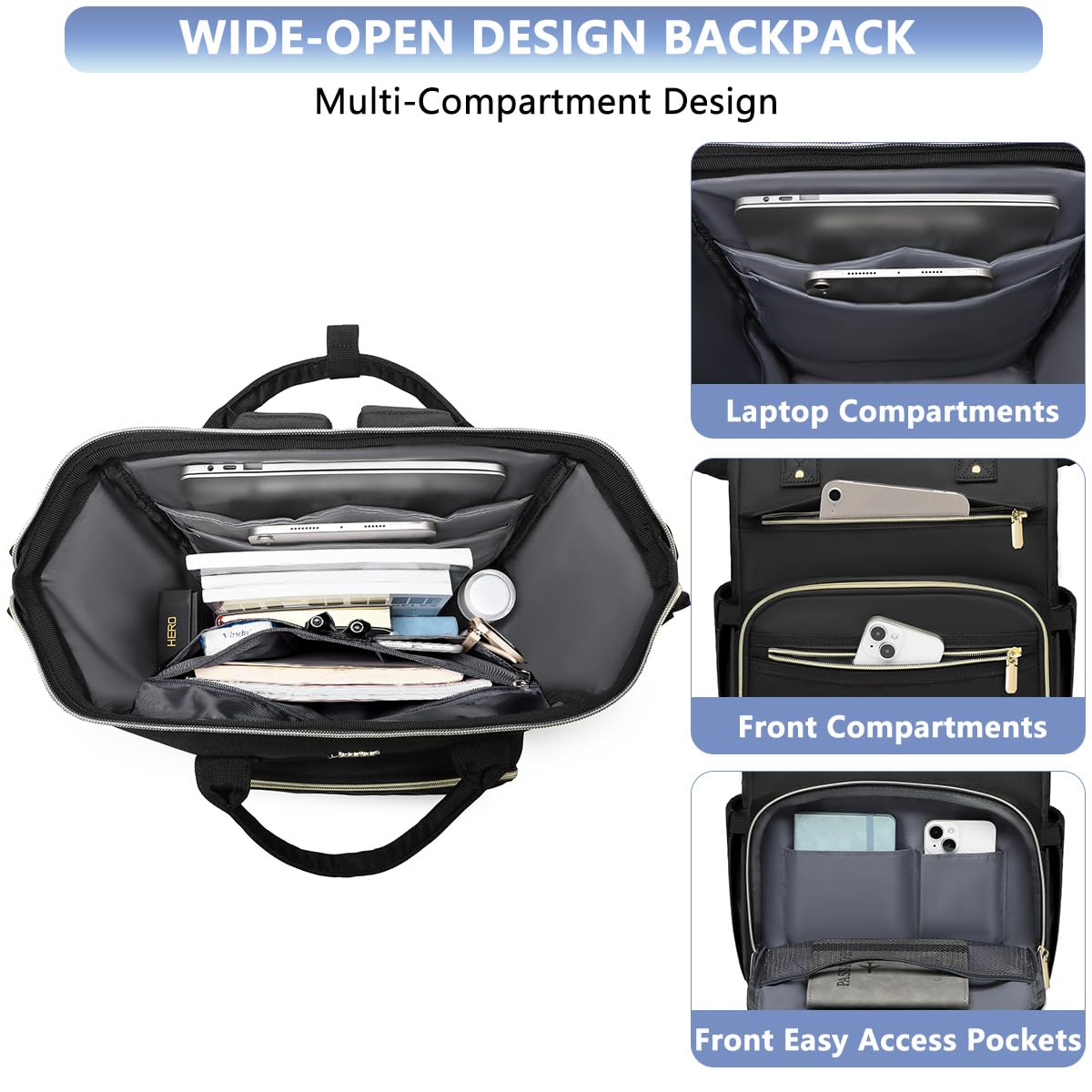 Focdod Women Laptop Backpack Teacher Bags: 17.3 Inch Nurse Computer Backpack with USB Port Work Bag Stylish Travel Daypack Bookbag Waterproof for Business Woman Gifts BLACK