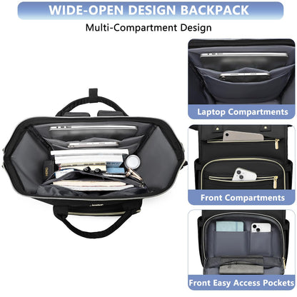 Focdod Women Laptop Backpack Teacher Bags: 17.3 Inch Nurse Computer Backpack with USB Port Work Bag Stylish Travel Daypack Bookbag Waterproof for Business Woman Gifts BLACK