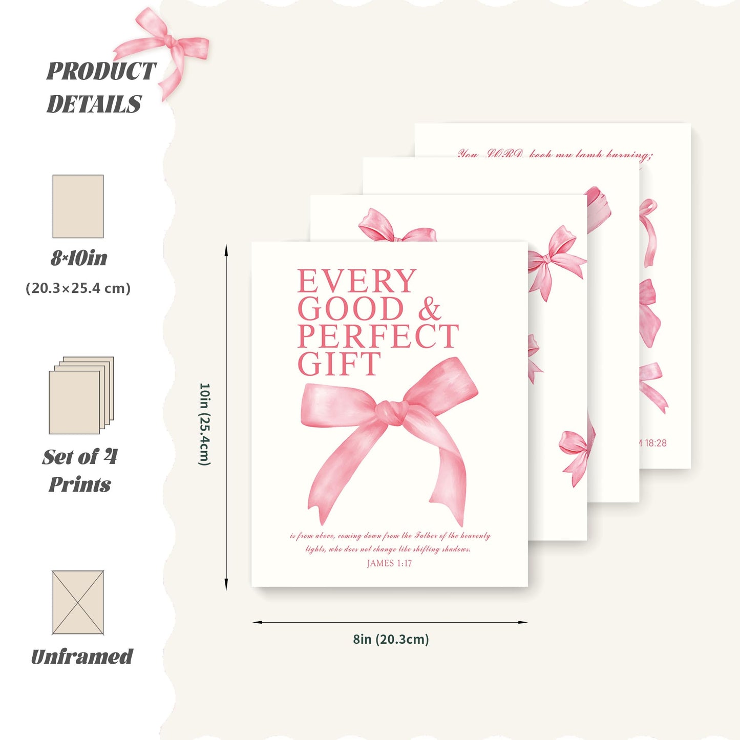 LARTSFRO Coquette Pink Bow Wall Art Decor Posters, Pink Bow Christian Room Bedroom Bathroom Dorm Wall Art Decor Aesthetic for College Teen Girls Gifts, Inspirational Bible Verses Bow Wall Decor, 10x8 Inch Set of 4 Pcs Bow Pictures (UNFRAMED)