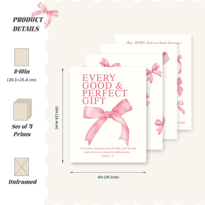 LARTSFRO Coquette Pink Bow Wall Art Decor Posters, Pink Bow Christian Room Bedroom Bathroom Dorm Wall Art Decor Aesthetic for College Teen Girls Gifts, Inspirational Bible Verses Bow Wall Decor, 10x8 Inch Set of 4 Pcs Bow Pictures (UNFRAMED)
