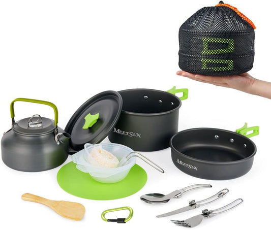 MEETSUN Portable Camp Cooking Set,Space Saving,Lightweight Aluminum Camping Cookware Set,Quick Heating Camping Pot Pan Set with Easy Clean Coating Perfect for Hiking,Backpacking,Outdoor Cooking