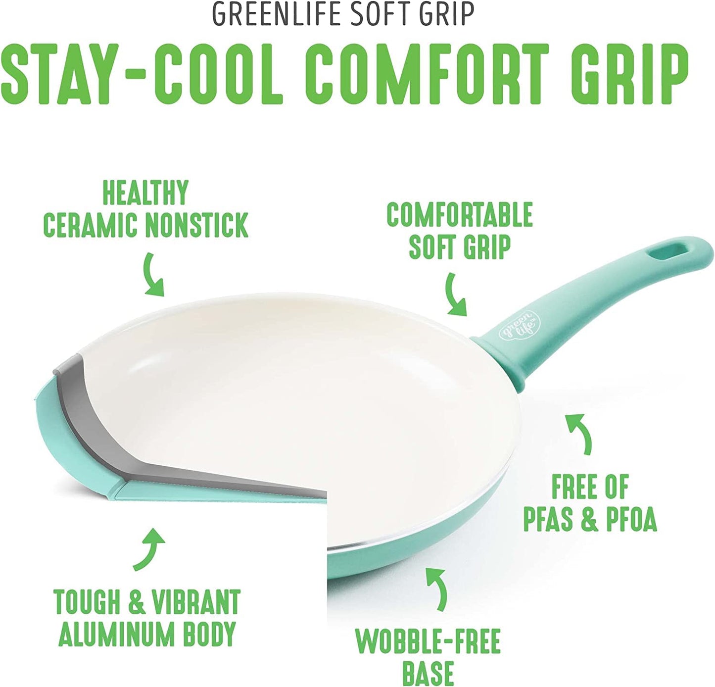 GreenLife Nonstick 8" Frying Pan Skillet, Non-Toxic PFAS-Free Ceramic Nonstick, Dishwasher & Oven Safe, Stay-Cool Handles, Wobble Free, Turquoise