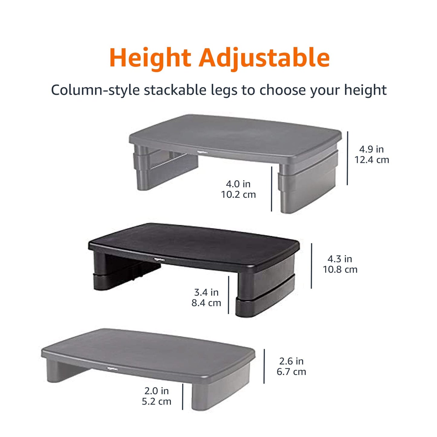 Amazon Basics Height Adjustable Rectangular Computer Monitor Riser Desk Stand with Storage for Reduced Neck Strain - Fits Monitors, Laptops Up to 22lbs, Black