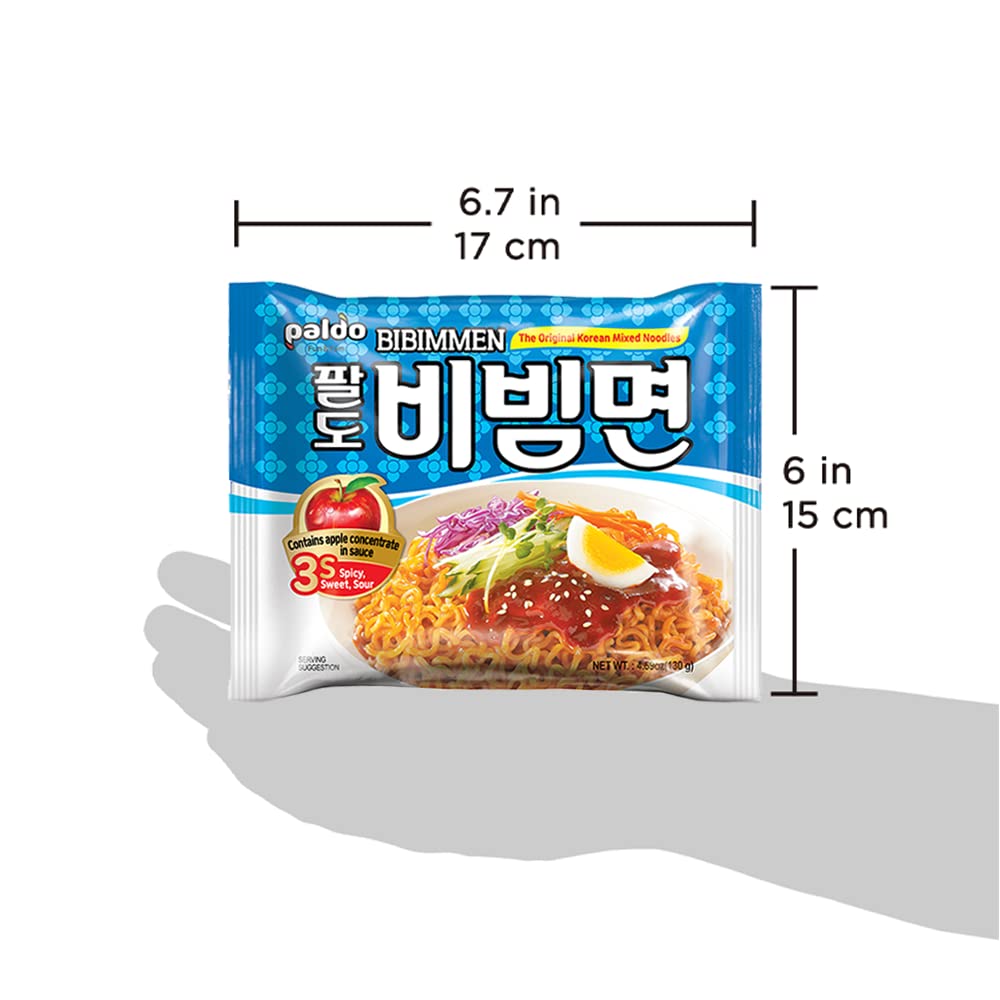Paldo Fun & Yum Bibim Men Instant Cold Noodles, Pack of 5, Brothless Cold Ramen with Sweet & Spicy Seasoning Sauce, Oriental Style Korean Ramyun, Soupless K-Food, 130g x 5