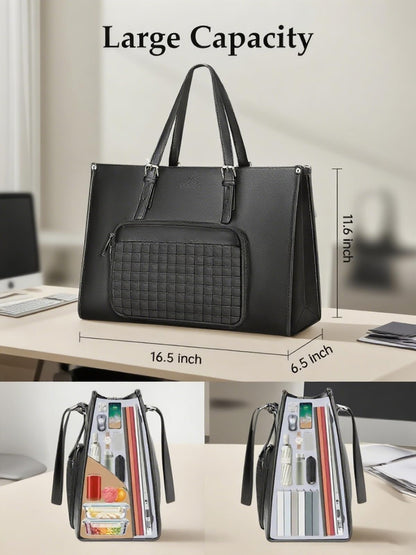 MATEIN Laptop Tote Bag with Insulated Lunch Compartment, 15.6 Inch PU Leather Briefcase with Leakproof Lunch Box Pocket for Women, Convertible Lightweight Computer Work Bag Handbag for Office, Black