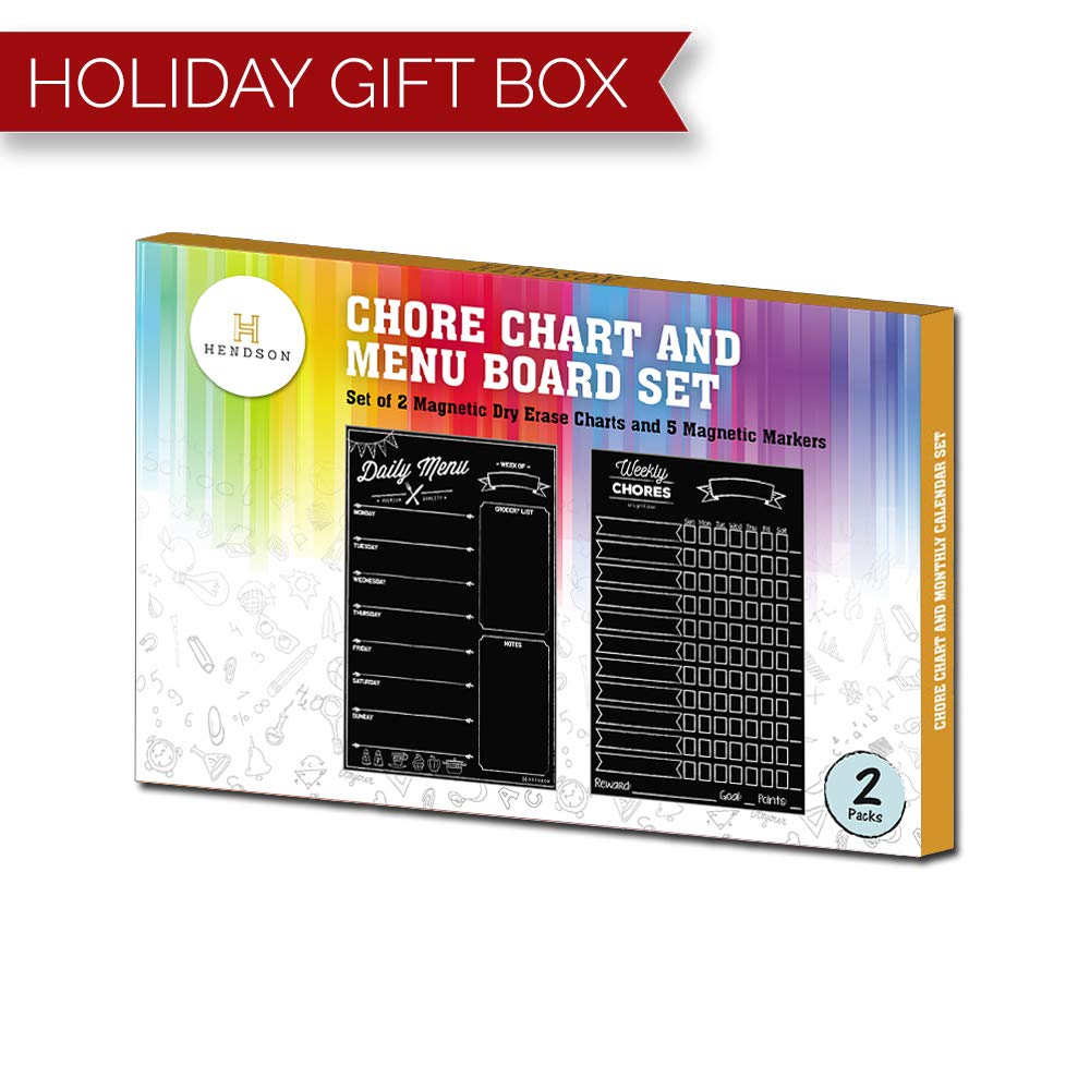 Magnetic Dry Erase Chore Chart and Menu Board Set for Kitchen Fridge - 11" x 17" Responsibility & Behavior Refrigerator Reward Incentive for Kids - 11" x 17" Weekly Meal Planner Blackboard