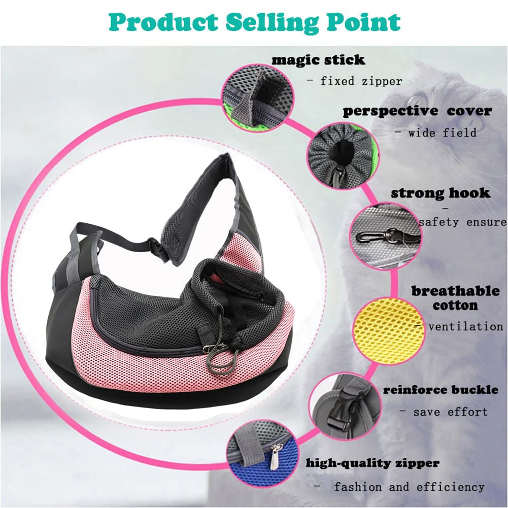 Pet Dog Sling Carrier, Breathable Mesh Portable Travel Safe Pet Sling Shoulder Bag Carrier with Adjustable Non-Slip Shoulder Strap for Small Dogs Cats Puppy (Small, Pink)