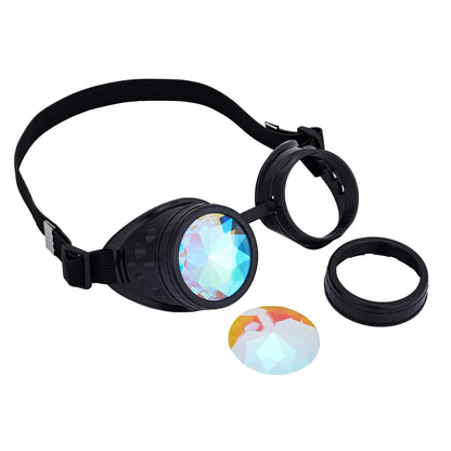 OMGREAT Raves Goggles with Rainbow Crystal Glass Lens Kaleidoscope Glasses Funky Prism Steampunk Glasses for Cosplay Party