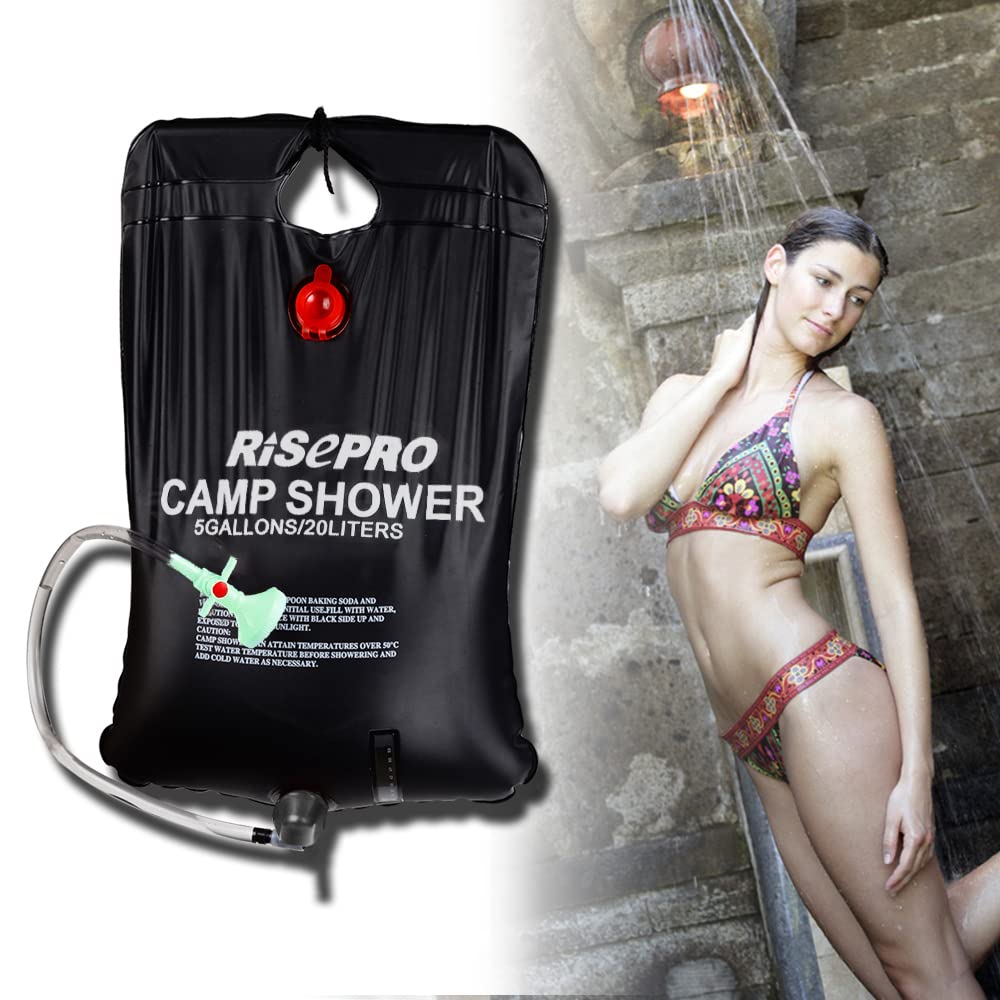 RISEPRO Solar Shower Bag, 5 gallons/20L Solar Heating Camping Shower Bag Temperature Indicator Hot Water 45°C Hiking Climbing C1004