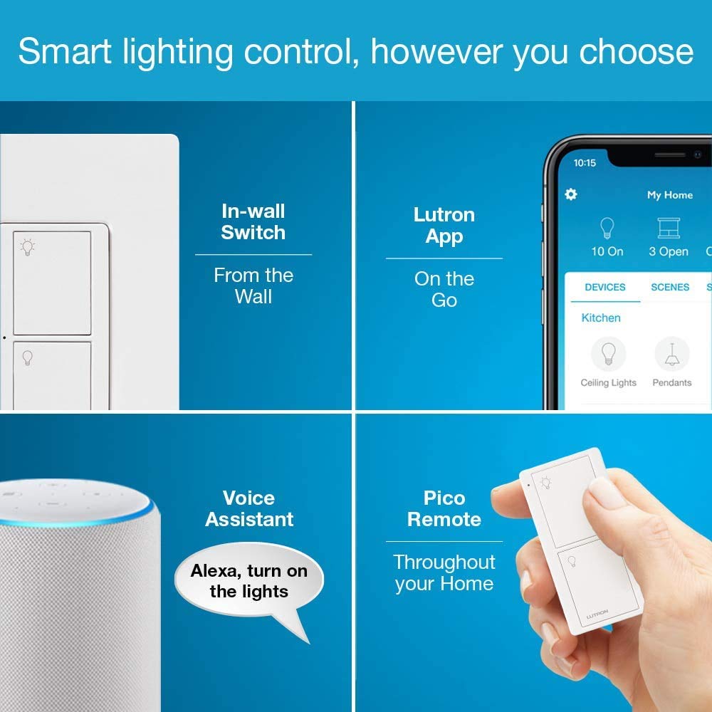 Lutron Caseta Original Smart Light Switch Kit w/ Wall Plate and Smart Hub, Compatible w/ Alexa, Apple Home, Google Home, Single-Pole/3 Way, 5 Amp, P-BDG-PKG1WS