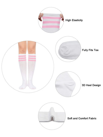Century Star Women's Athletic Knee High Socks - Thin Stripes Tube High Stockings for Outdoor Sport - 1 Pack White Black One Size