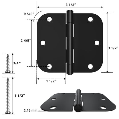 HOSOM Door Hinges 3 Pack Rounded Matte Black Door Hinge 3.5 x 3.5 inch with 5/8 Radius, Black 3 1/2 Interior Door Hinges, 3 ½"x 3 ½" Hardware