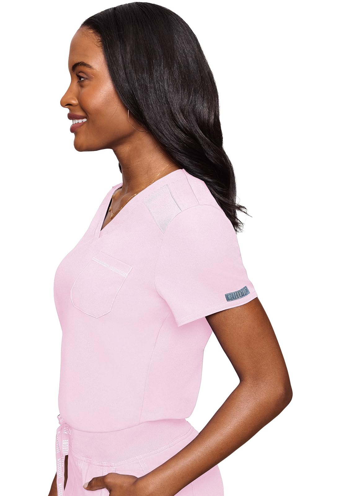 Med Couture Women's V-Neck Scrub Top, Modern Fit Tuck-in Top with Stretchy Rib-Knit Shoulders and Chest Pocket - MC7448, XS, Ice Pink