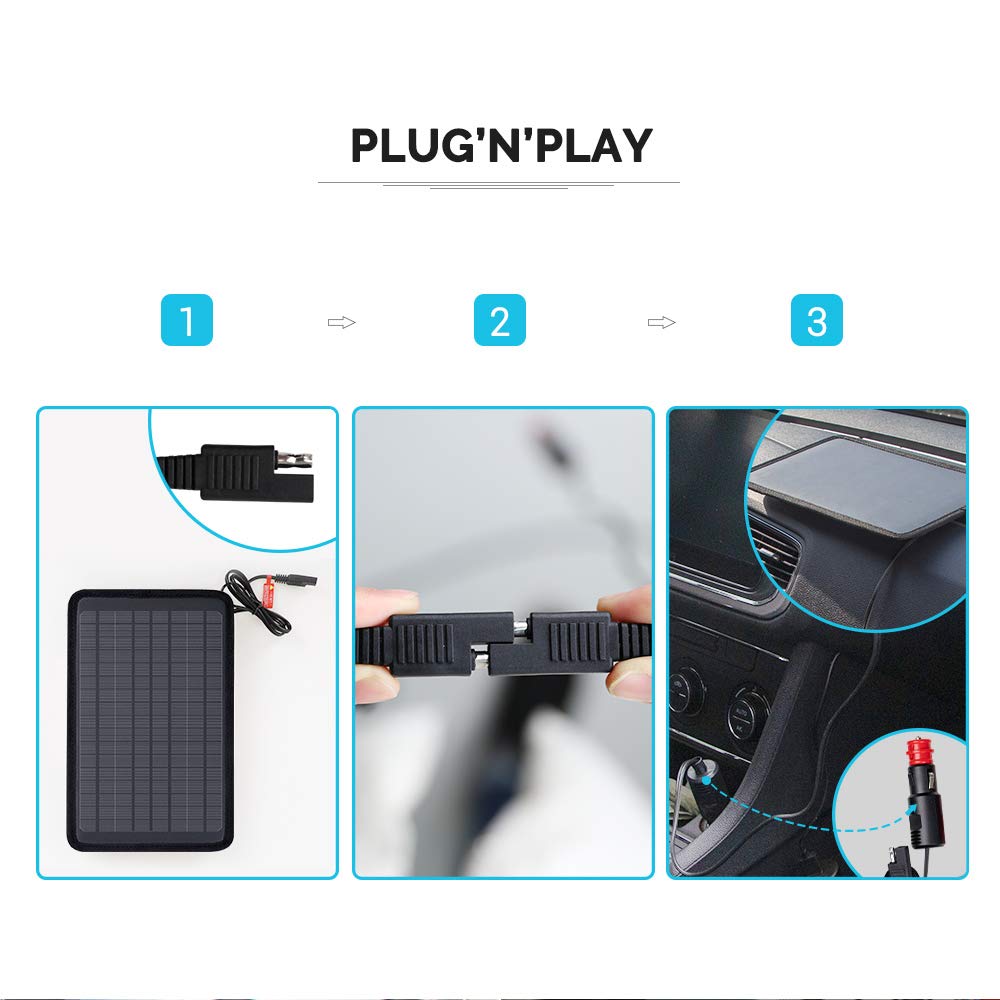 Renogy 5W Solar Trickle Charger Portable Battery Maintainer with Lighter Plug/Alligator Clips/Battery Cables for Car Boat Marine Motorcycles Truck