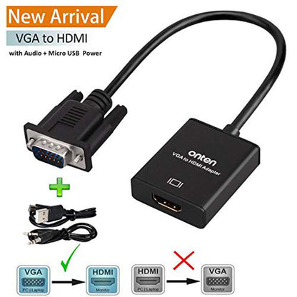 ONTEN VGA to HDMI, 1080P Adapter (Male to Female) for Computer, Desktop, Laptop, PC, Monitor, Projector, HDTV with Audio Cable and USB Cable (1 Pcs)