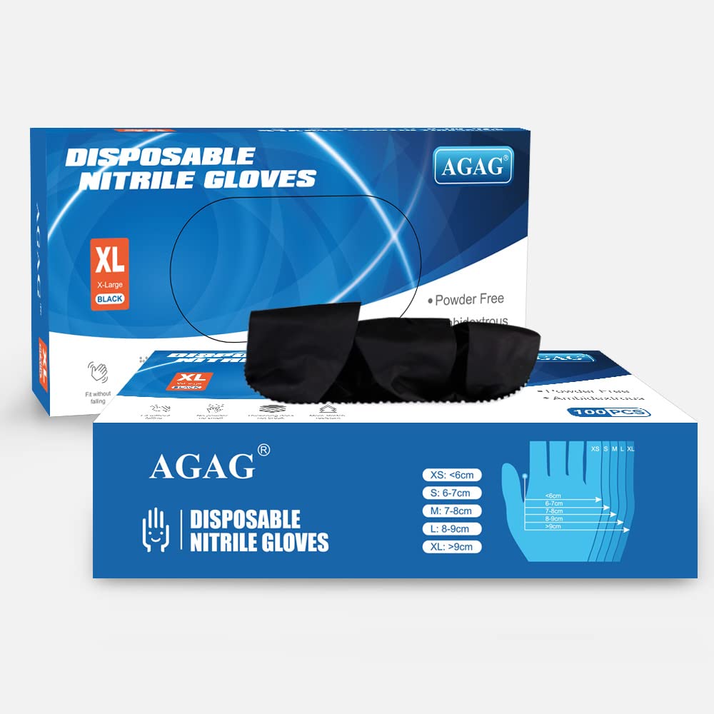 AGAG Black Nitrile Disposable Gloves 100 PCs 5mil Latex Free Ultra Strong Nitrile Gloves, Industrial, Food Safe (X-Large)