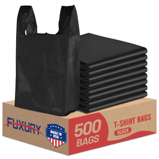 Fuxury 500 Count Plastic T-shirt Bags Black 12" x 6.5" x 21", Grocery, Trash, Take Out, To Go, Restaurants, Retail Shopping Bags in Bulk for Small Business (Made in USA)
