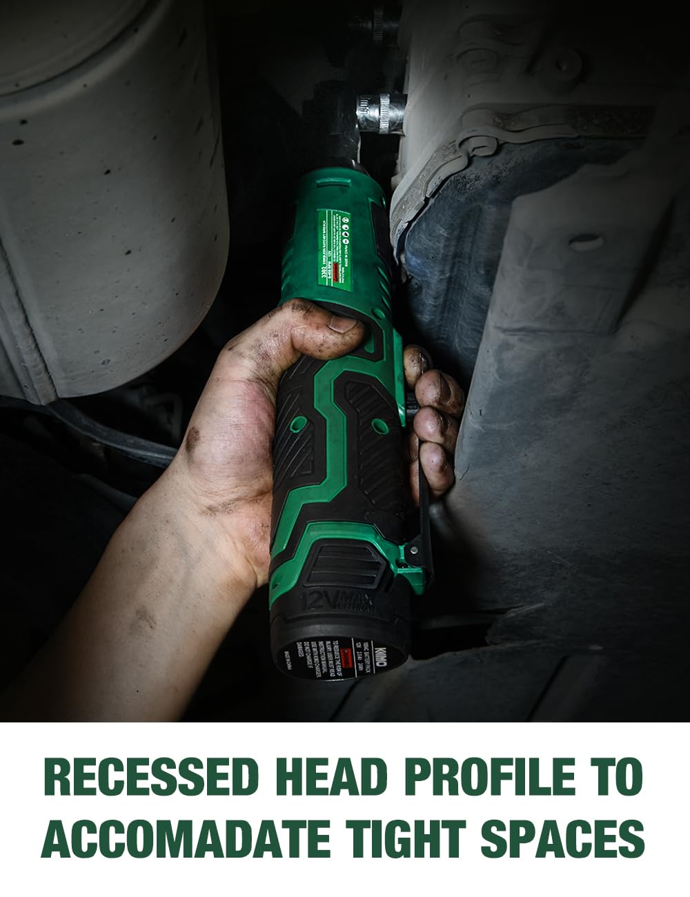 KIMO Cordless Electric Ratchet Wrench Set, 40 Ft-lbs, 400 RPM, 12V Cordless Ratchet Wrench 3/8" w/ 60-Min Charger, 7 Sockets, 1/4" adapter, 2-Pack 2000mAh Lithium-Ion Batteries, Variable Speed Trigger