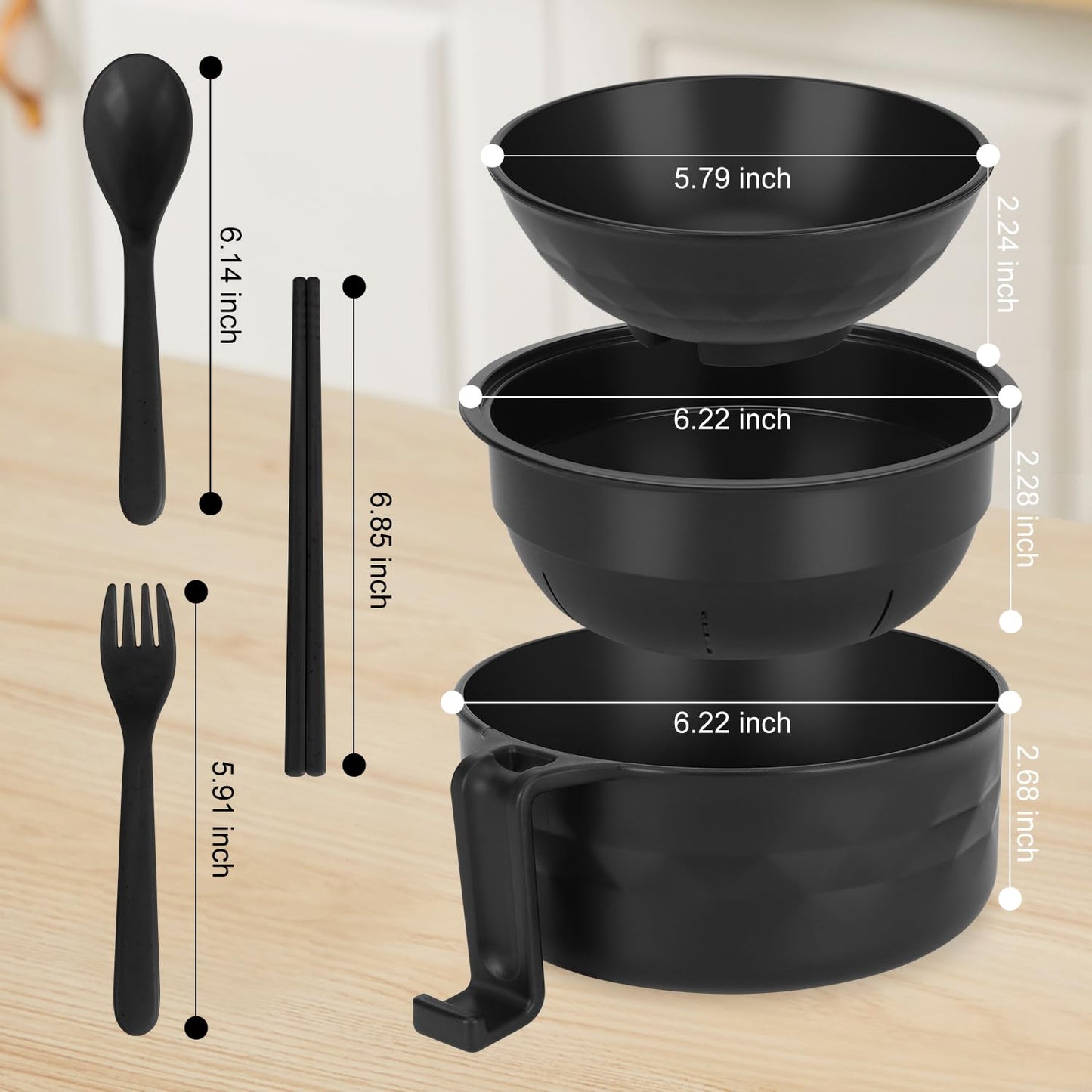 Ramen Bowl Set, Ramen Cooker 33 oz, Ramen Bowls with Chopsticks and Spoon, Microwave Pasta Cooker, College Dorm Essentials for Girls Guys (Black)