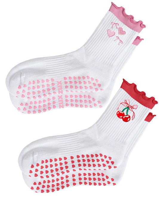 Puedizux Women Cute Pilates Socks Grip Crew Yoga Socks Ruffle Cuff Embroidery Pattern Workout Ballet Socks