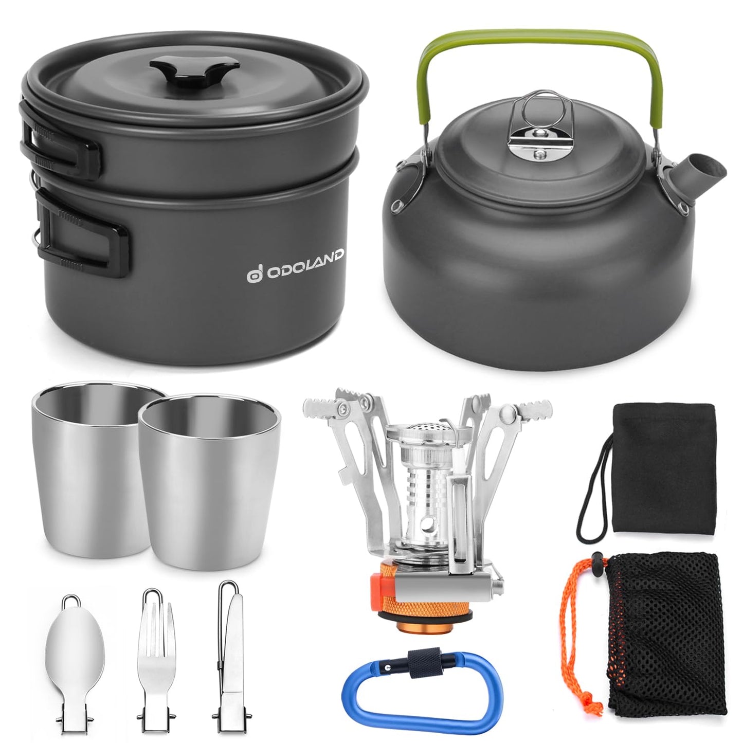 Odoland 12pcs Camping Cookware Mess Kit with Mini Stove, Lightweight Pot Pan Kettle with 2 Cups, Fork Spoon Kit for Backpacking, Outdoor Camping Hiking and Picnic