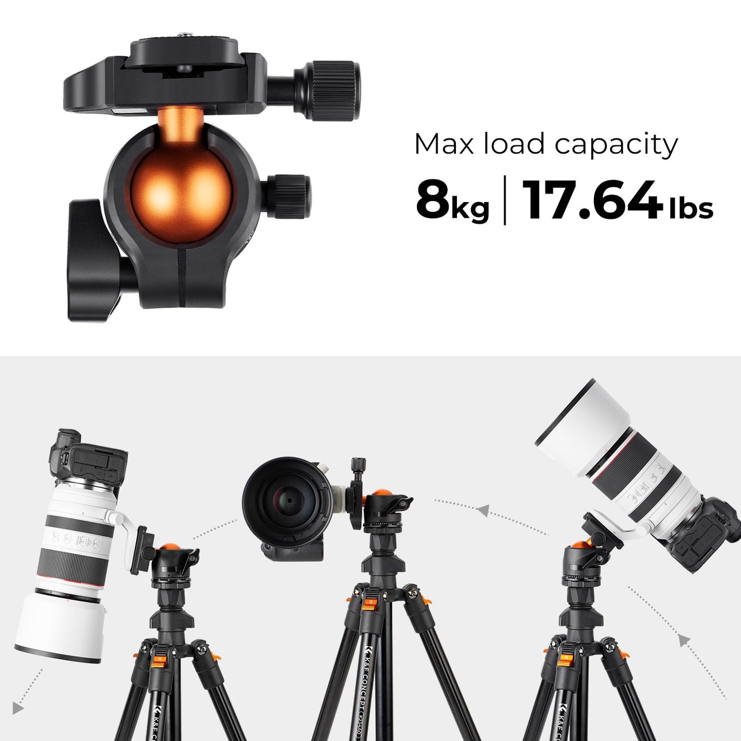 K&F Concept 64 inch/163cm Camera Tripod,Lightweight Travel Outdoor DSLR Tripods with 360 Degree Ball Head Load Capacity 8kg/17.6lbs,Cellphone Clip for Smartphone Live Streaming Vlog O234A1+BH-36