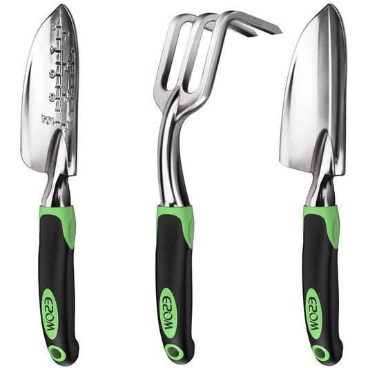 ESOW Garden Tool Set, 3 Piece Cast-Aluminum Heavy Duty Gardening Kit Includes Hand Trowel, Transplant Trowel and Cultivator Hand Rake with Soft Rubberized Non-Slip Ergonomic Handle, Garden Gifts