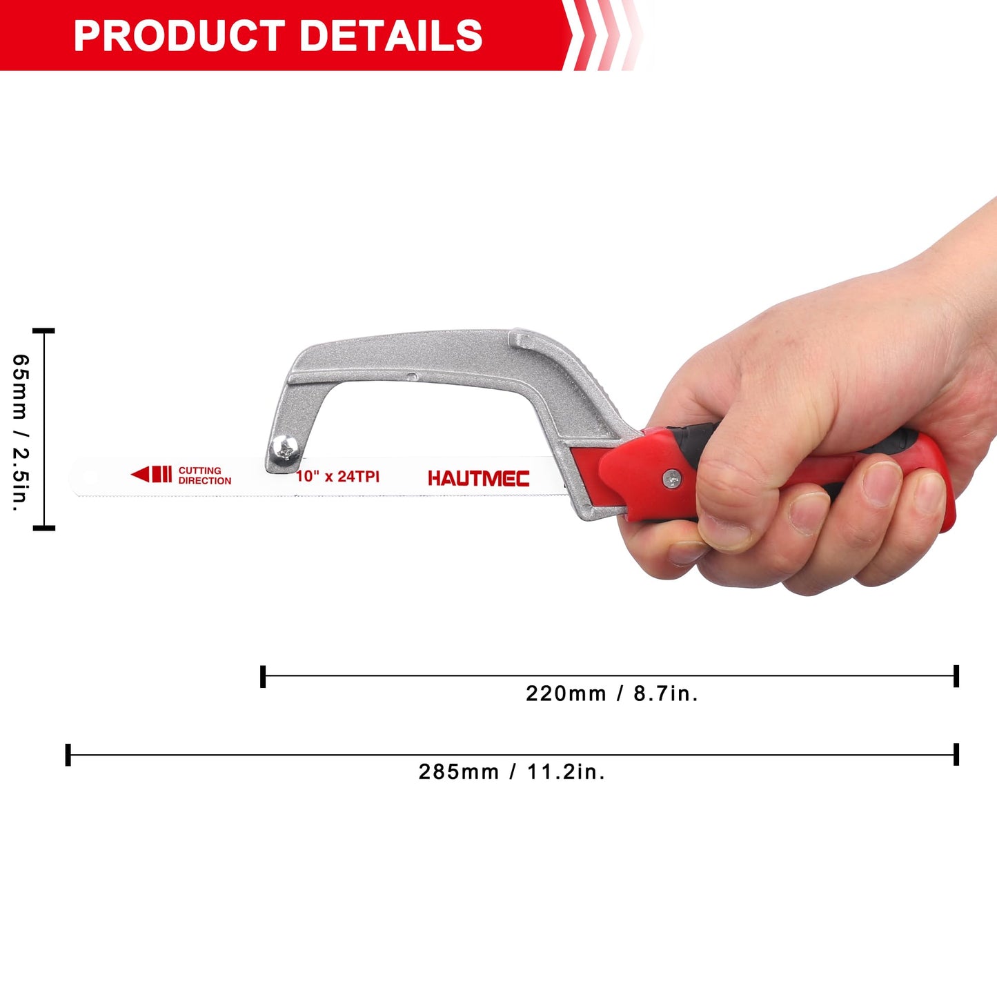 HAUTMEC Mini Hacksaw Small Hand Saw for Wood Metal Plastics Cutting Professional Hack Saw With 1 Pcs Bimetal Hss Blade, Especially Cuts In Tight Hard-Reach Spaces HT0035-PL