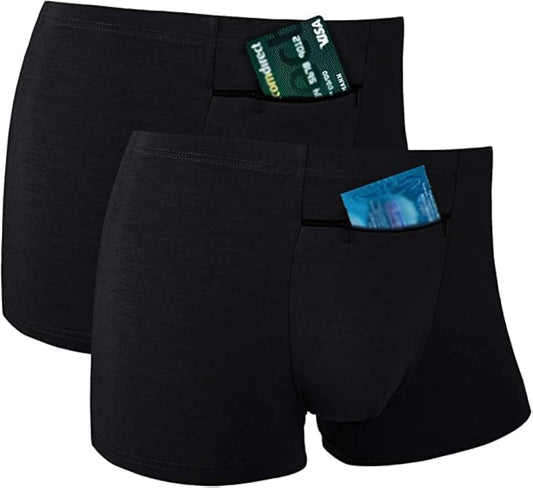 Pocket Underwear for Men with Secret Hidden Front Stash Pocket, Travel Boxer Brief, X-Large Size 2 Packs (Black)