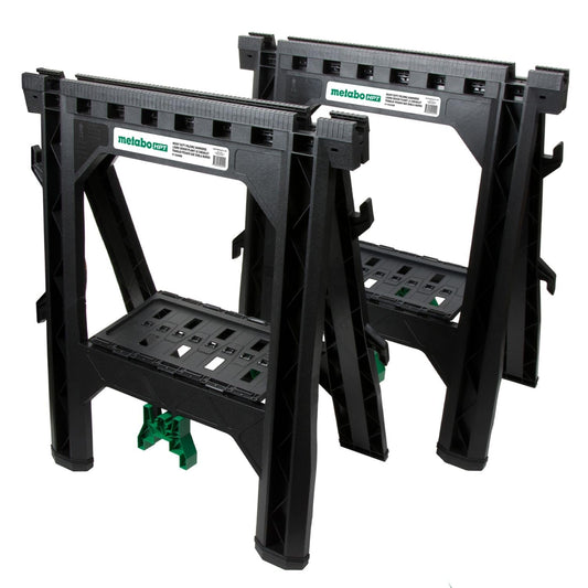 Metabo HPT Folding Sawhorses, 2-Pack, Lightweight Design, 1,200 lbs Capacity, Includes 4 Sawbucks, Ideal for Extra Workstations, Non-Skid Feet for Stability, Built-In Shelf and Cord Hooks, 115445M