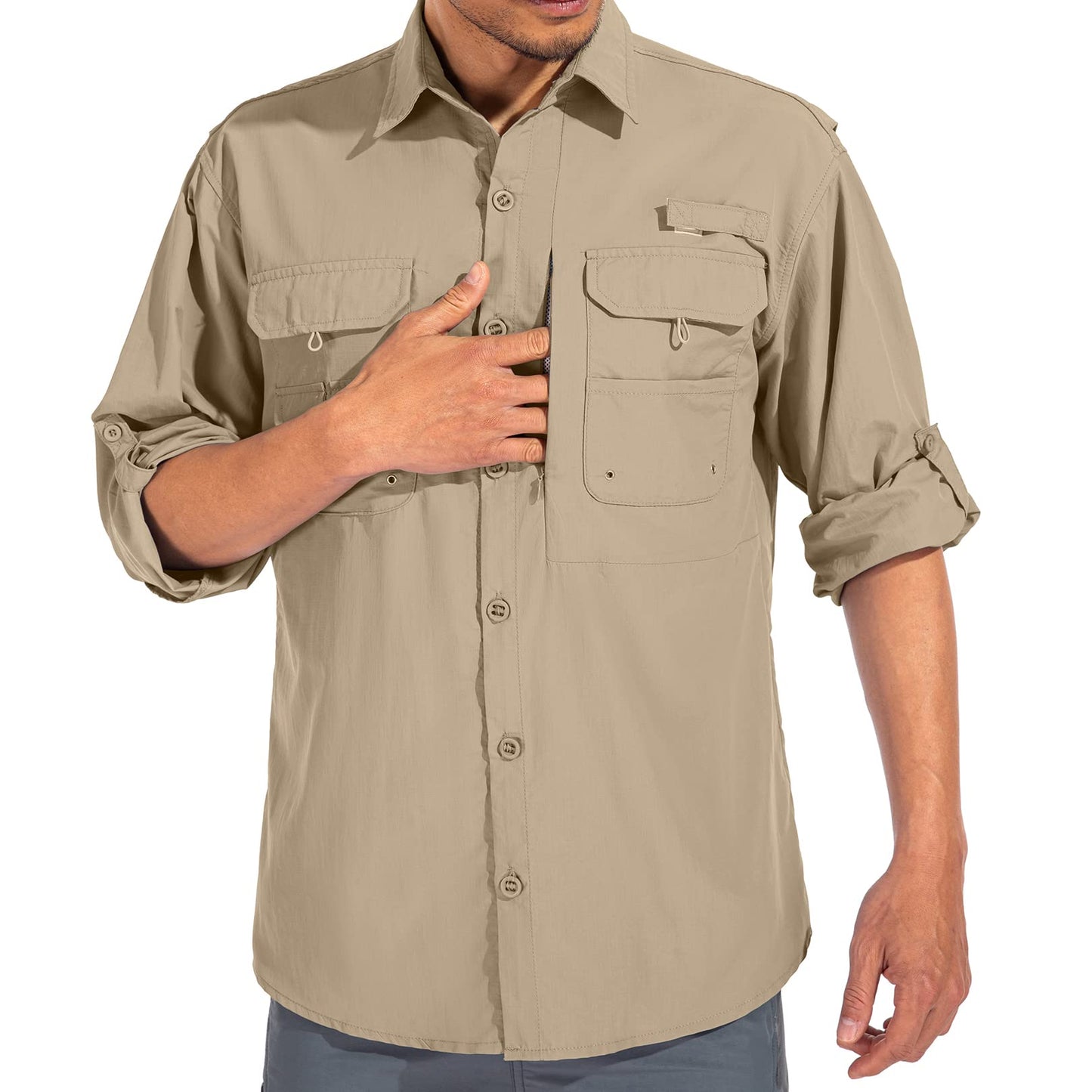 linlon Mens Safari Shirts Long Sleeve UV Protection Hiking Fishing UPF 50+ Quick Dry Cooling Camping Travel Shirts#5066-Khaki-XL