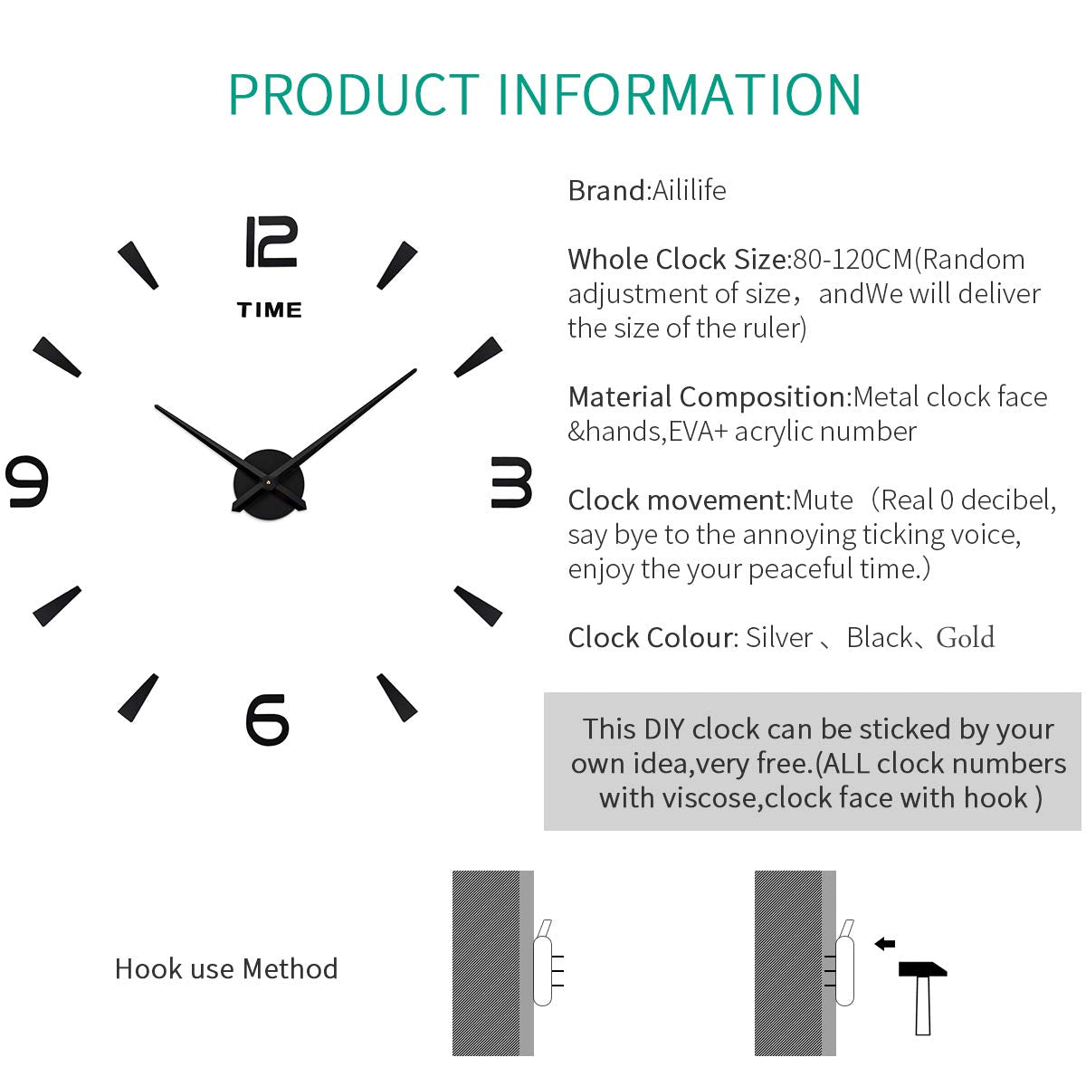 AILILIFE 3D DIY Wall Clock Decor Sticker Mirror Frameless Large DIY Wall Clock Kit for Home Living Room Bedroom Office Decoration (Black)