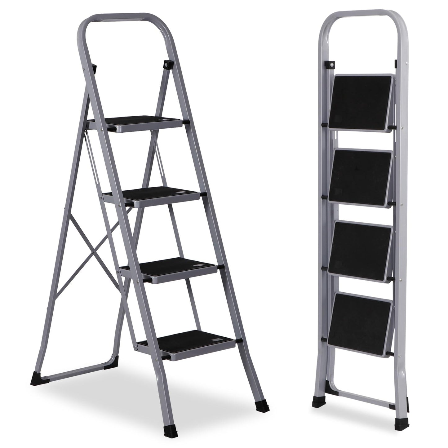 JungleA Step Ladder, Folding 4 Step Stool Ladder for Adult, w/Wide Anti-Slip Pedal, 330 lbs Load Capacity, Foldable Portable Sturdy Lightweight Tall Ladder for Closet, Kitchen, Office & Home, Grey