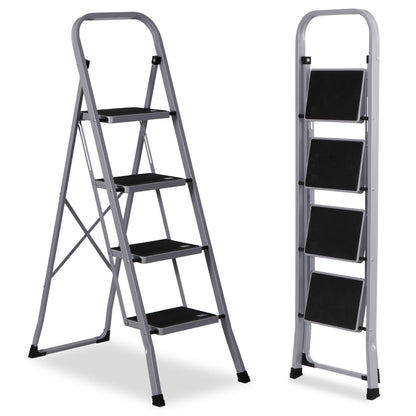 JungleA Step Ladder, Folding 4 Step Stool Ladder for Adult, w/Wide Anti-Slip Pedal, 330 lbs Load Capacity, Foldable Portable Sturdy Lightweight Tall Ladder for Closet, Kitchen, Office & Home, Grey