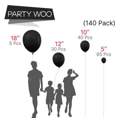 PartyWoo Black Balloons 140 pcs Different Sizes Pack of 18 12 10 5 Inch Matte Black Latex Balloon Arch Kit Garland for Graduation Halloween New Year Anniversary Birthday Party Decorations Black-Y18
