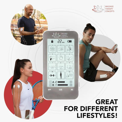 Massage Therapy Concepts TENS Unit Muscle Stimulator - Non-Invasive EMS Therapy Machine for Neck, Shoulder & Back Pain Relief, Sciatica, Arthritis - Safe & Portable with 12 Modes & 20 Intensity Levels