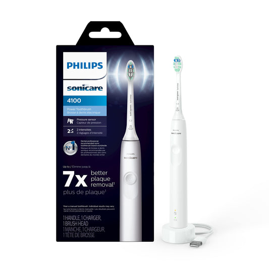 Philips Sonicare 4100 Rechargeable Electric Toothbrush, with Pressure Sensor, 2 Intensity Settings, SmarTimer and QuadPacer, 14-Day Battery Life, White, Model HX3681/23