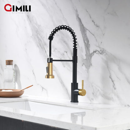 GIMILI Kitchen Faucet with Pull Down Sprayer Single Hole Stainless Steel Sink Faucet, Suitable for Farmhouses, RV, Laundry Room, Outdoor, and Campers. Llave para fregadero de cocina Black and Gold
