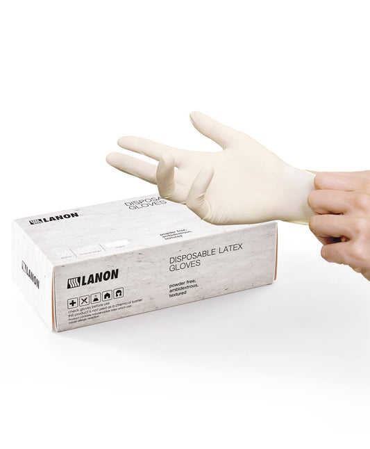 LANON 5 mil Latex Disposable Gloves, Food-Contact Grade, Powder-Free, Fully Textured, White, Large