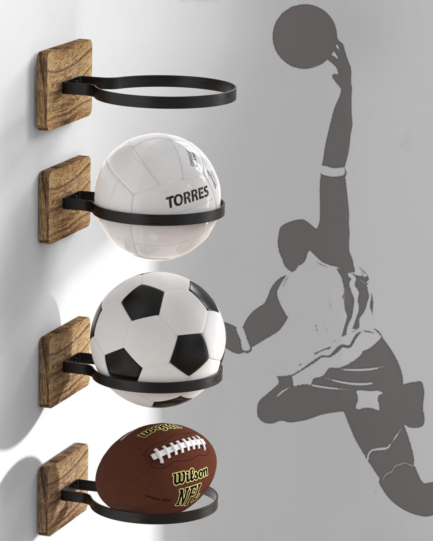 4 Pcs Wall Mount Basketball Holder with Wooden Base, Ball Storage Holders Display Rack for Autograph Basketball, Football, Soccer, Volleyball Collection, Sports Accessories Organizer for Player Fans
