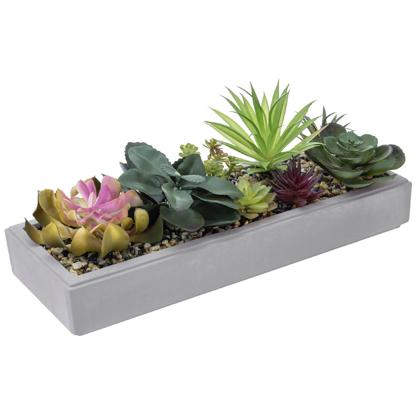 MyGift 15 Inch Mixed Color Assorted Artificial Succulent Plant Arrangement in Modern Gray Clay Planter Tray