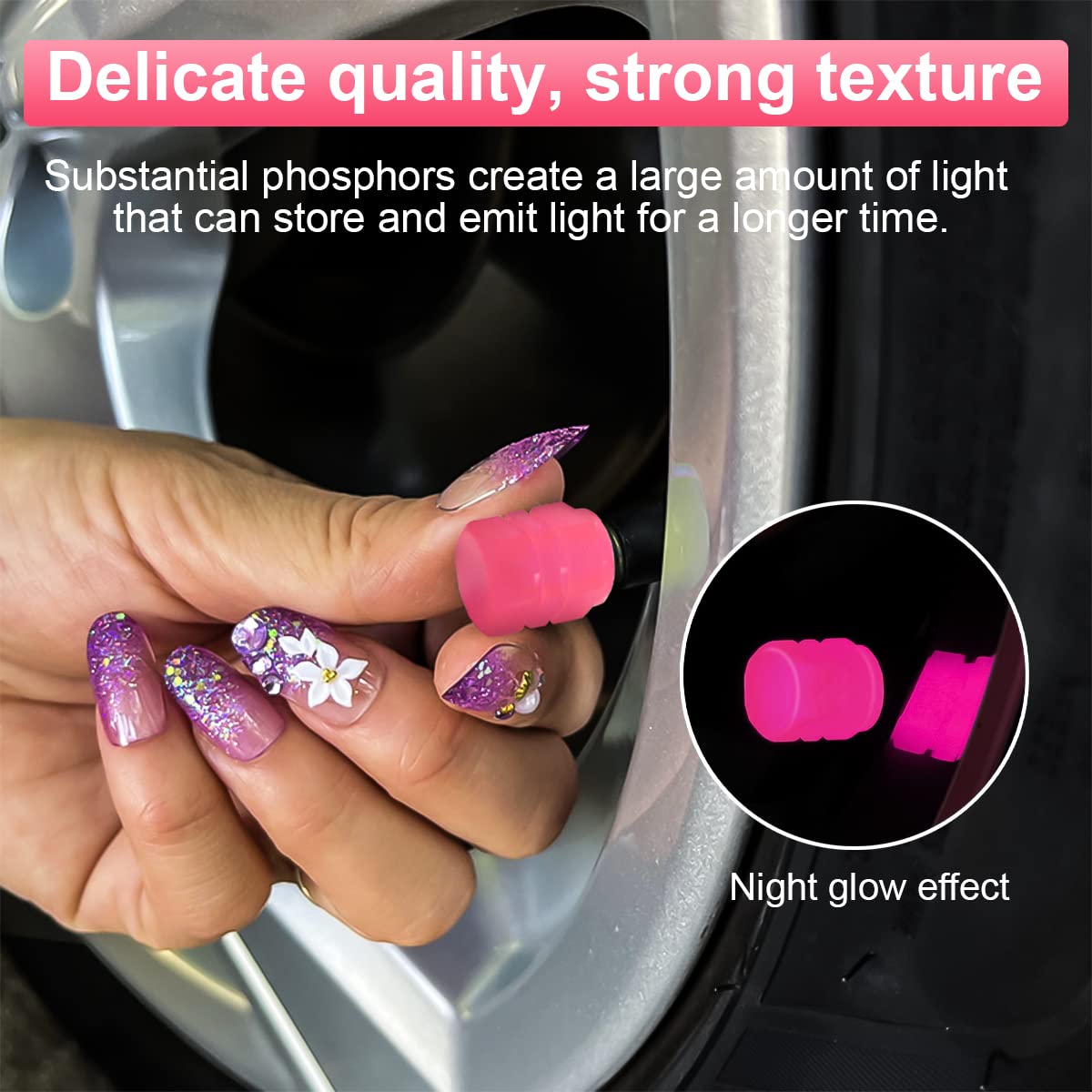 12PCS Fluorescent Car Tire Valve Stem Caps, Auto Corrosion Resistant Wheel Valve Cover, Luminous Illuminated Glow in The Dark, Car Decor Accessories Universal for SUV, Trucks, Car (Pink)