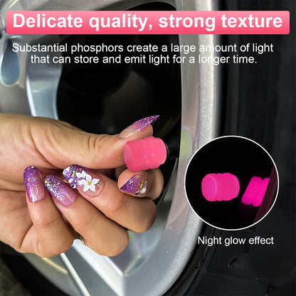 12PCS Fluorescent Car Tire Valve Stem Caps, Auto Corrosion Resistant Wheel Valve Cover, Luminous Illuminated Glow in The Dark, Car Decor Accessories Universal for SUV, Trucks, Car (Pink)