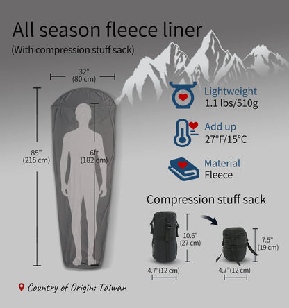 Litume All Season Fleece Sleeping Bag Liner Lightweight Mummy Sleeping Sack for Cold Weather and Winter Backpacking, Camping, Traveling with Drawstring Hood(E629B)