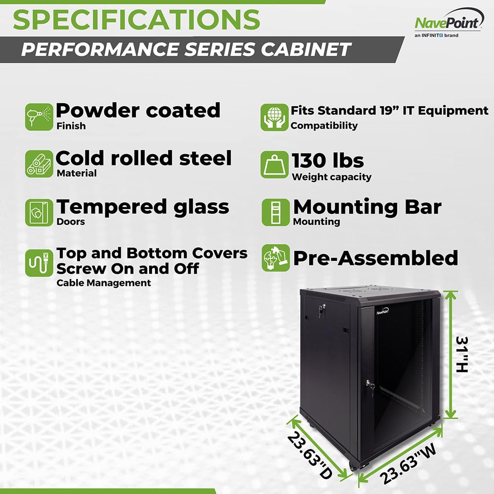 NavePoint 15U Server Cabinet Wall Mount Rack Enclosure with Caster Wheels, 2 Fans, Locking Glass Door, Removable Side Panels – 15U Network Cabinet 23.6” Deep, 19” Server Rack for IT Equipment