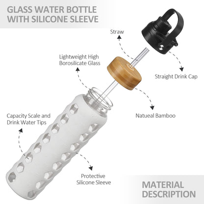 MUKOKO 32oz Glass Water Bottles with 2 Lids-Handle Spout Lid&Bamboo Straw Lid, Motivational Water Tumbler with Time Marker Reminder and Silicone Sleeve, Leakproof-White-1 Pack
