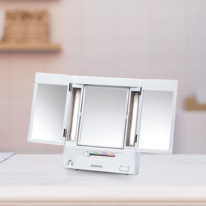 JERDON Tri-Fold Two-Sided Makeup Mirror with Lights - Vanity Mirror with 5X-1X Magnification & Multiple Light Settings - White - Model JGL9W